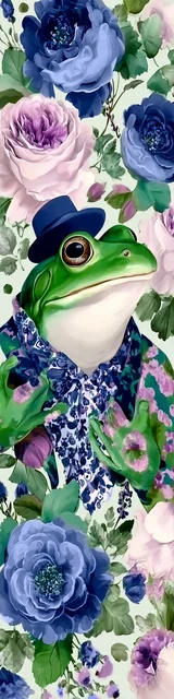 Free printable frog bookmark featuring little blue hat on a green frog floral